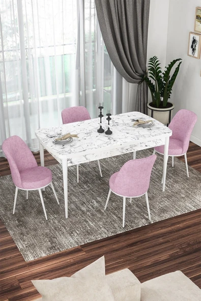 Canisa Kor Serisi 70x114 Açılabilir Mutfak Masası Takımı Beyaz Mermer Desen Masa 4 Pembe Sandalye ürün görseli 1