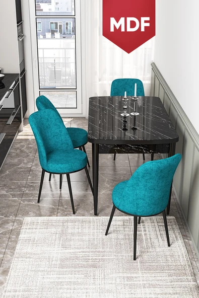 Canisa Kor Serisi 70x114 Açılabilir MDF Mutfak Masası Takımı Siyah Mermer Desen Masa 4 Turkuaz Sandalye ürün görseli 1