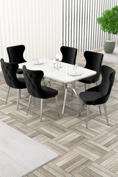 Canisa Esla Serisi 90x160 Lak Panel Beyaz Mermer Desen Krom Kaplama Ayaklı Masa Takımı ve 6 Siyah Sandalye ürün görseli 1