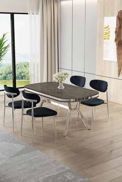 Canisa Olya Serisi 90x168 MDF Sabit Lak Panel Antrasit İroni Masa Takımı Krom Ayaklı 4 Antrasit Sandalye ürün görseli 1