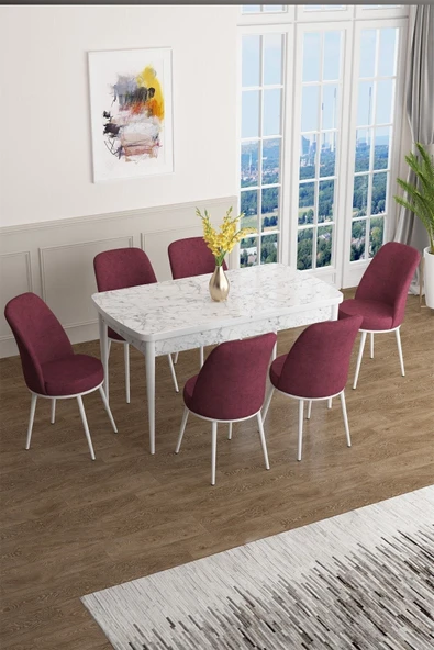 Canisa Han Serisi 70x114 Açılabilir Mdf Mutfak Masası Takımı Beyaz Mermer Desen Masa 6 Bordo Sandalye ürün görseli 1