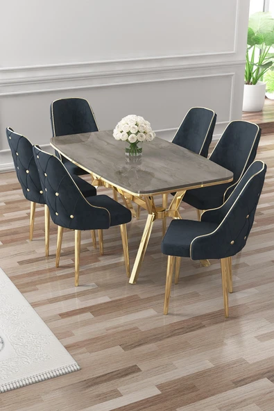 Canisa Asel Serisi 90x160 Lak Panel Antrasit İroni Gold Kaplama Ayaklı Masa Takımı ve 6 Antrasit Sandalye ürün görseli 1