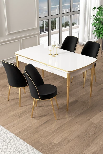Canisa Pale Serisi 80x132 Açılabilir Beyaz Mutfak Masa Takımı 4 Krem Sandalye Gold Detay ürün görseli 1