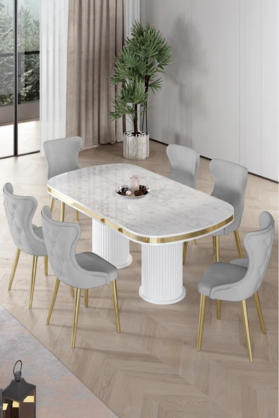 Canisa Galya Serisi Lak Panel 90x168 Sabit Beyaz Mermer Desen Mutfak Masa Takımı 6 Gri Sandalye ürün görseli 1