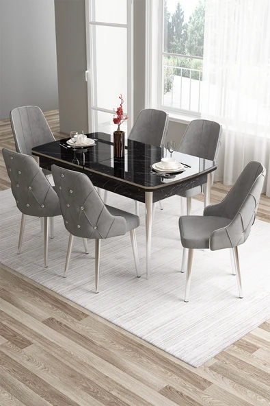 Canisa Tia Serisi 80x132 Açılabilir Mdf Siyah Mermer Desen Krom Detay Yemek Odası Takımı Ve 6 Gri Sandalye ürün görseli 1