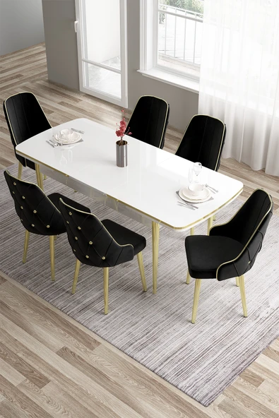 Canisa Tia Serisi 80x132 Açılabilir Mdf Beyaz Yemek Odası Takımı 6 Siyah Sandalye Gold Detay ürün görseli 1