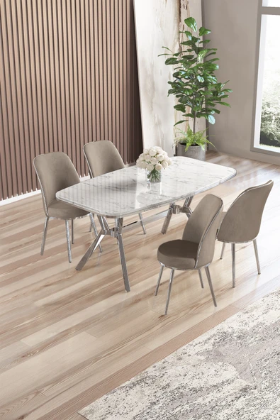 Canisa Lena Serisi 90x160 Beyaz Mermer Desen Krom Kaplama Ayaklı Masa Takımı Ve 4 Cappucino Sandalye ürün görseli 1