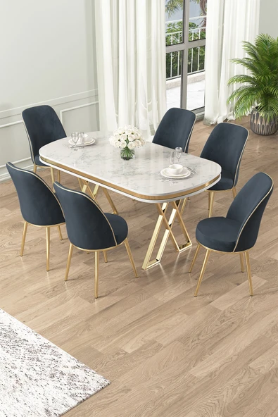 Canisa Lai Serisi 90x168 Lak Panel Beyaz Mermer Desen Gold Ayak Masa Takımı 6 Antrasit Sandalye ürün görseli 1