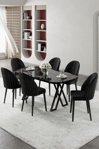 Canisa Kaye Serisi Mdf 90x168 Siyah Mermer Desen Mutfak Masası Takımı 6 Siyah Sandalye ürün görseli 1