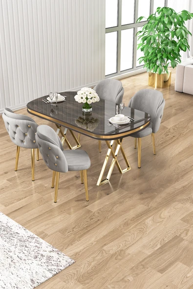 Canisa Zae Serisi 90x168 Lak Panel Antrasit Ironi Gold Ayak Masa Takımı 4 Gri Sandalye ürün görseli 1