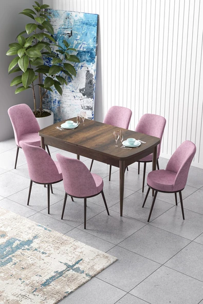 Canisa Zen Serisi 80x132 Mdf Açılabilir Barok Ahşap Desen Masa Takımı Ve 6 Pembe Sandalye ürün görseli 1