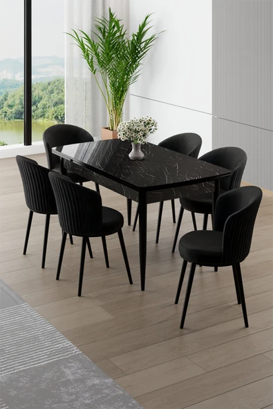 Canisa Asfel Serisi MDF 77x130 Siyah Mermer Desen Yandan Açılabilir Mutfak Masa Takımı 6 Siyah Sandalye ürün görseli 1
