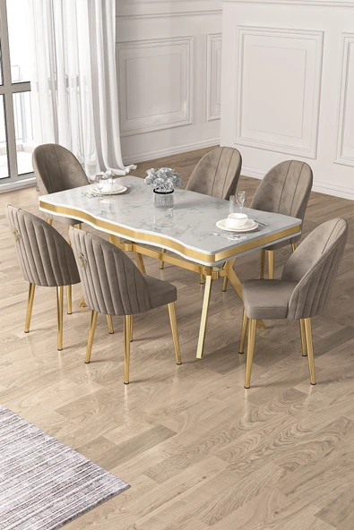 Canisa Pem Serisi 90x160 Lak Panel Beyaz Mermer Desen Gold Ayak Masa Takımı 6 Cappucino Sandalye ürün görseli 1