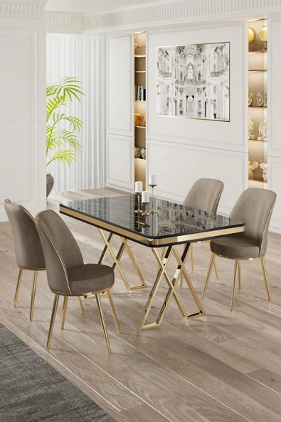 Canisa Vals Serisi 80x130 Lak Panel Siyah Mermer Desen Masa Takımı Gold Ayaklı 4 Cappucino Sandalye ürün görseli 1