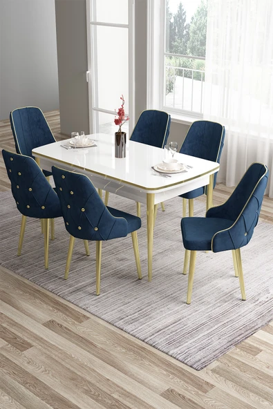 Canisa Tia Serisi 80x132 Açılabilir Mdf Beyaz Gold Detay Mutfak Masası Takımı Ve 6 Lacivert Sandalye ürün görseli 1