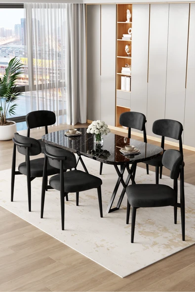 Canisa Jolin Serisi Mdf 90x168 Siyah Mermer Desen Masa Takımı 6 Siyah Metal Sandalye ürün görseli 1