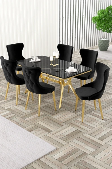 Canisa Esla Serisi 90x160 Lak Panel Sonata Gold Kaplama Ayaklı Masa Takımı ve 6 Siyah Sandalye ürün görseli 1