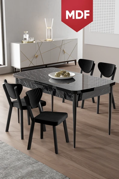 Canisa Exve Serisi 80x132 Açılabilir MDF Siyah Mermer Desen Masa Takımı ve 4 Siyah Sandalye ürün görseli 1