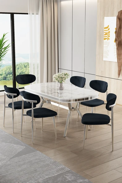 Canisa Olya Serisi 90x168 Lak Panel Beyaz Mermer DesenMasa Takımı Krom Ayaklı 6 Antrasit Sandalye ürün görseli 1