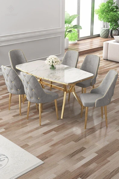 Canisa Asel Serisi 90x160 Lak Panel Beyaz Mermer Desen Gold Kaplama Ayaklı Masa Takımı ve 6 Gri Sandalye ürün görseli 1