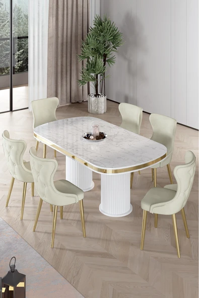 Canisa Galya Serisi Lak Panel 90x168 Sabit Beyaz Mermer Desen Mutfak Masa Takımı 6 Krem Sandalye ürün görseli 1