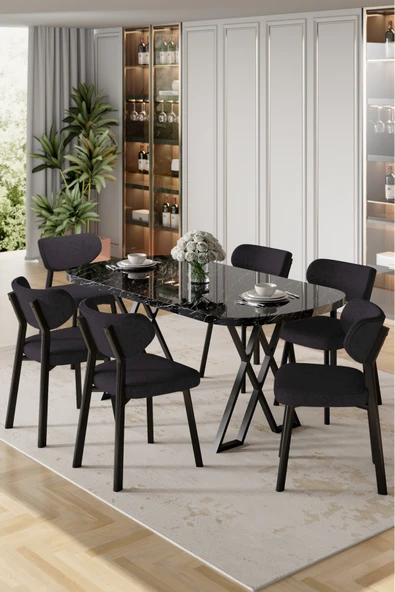 Canisa Axton Serisi Sabit Mdf 90x168 Siyah Mermer Desen Mutfak Masa Takımı 6 Krem Sandalye ürün görseli 1