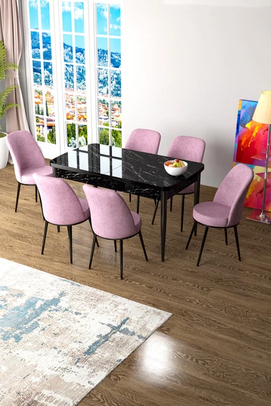 Canisa Zen Serisi 80x132 Mdf Açılabilir Siyah Mermer Desen Masa Takımı Ve 6 Pembe Sandalye ürün görseli 1