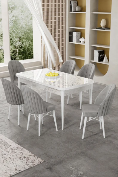 Canisa Gale Serisi 80x132 Açılabilir Lak Panel Beyaz Mermer Desen Mutfak Masa Takımı 6 Gri Sandalye ürün görseli 1