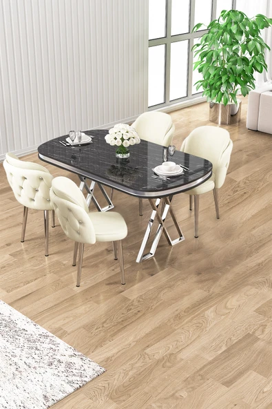 Canisa Zae Serisi 90x168 Lak Panel Siyah Mermer Desen Krom Ayak Masa Takımı 4 Krem Sandalye ürün görseli 1