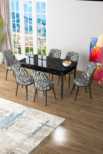 Canisa Kor Serisi 70x114 Açılabilir MDF Mutfak Masası Takımı Siyah Mermer Desen Masa 6 Zebra Desen Sandalye ürün görseli 1