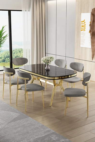 Canisa Olya Serisi 90x168 Lak Panel Sonata Masa Takımı Gold Ayaklı 6 Gri Sandalye ürün görseli 1