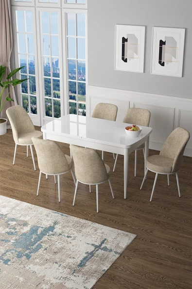Canisa Zen Serisi 80x132 Mdf Açılabilir Beyaz Masa Takımı Ve 6 Krem Sandalye ürün görseli 1