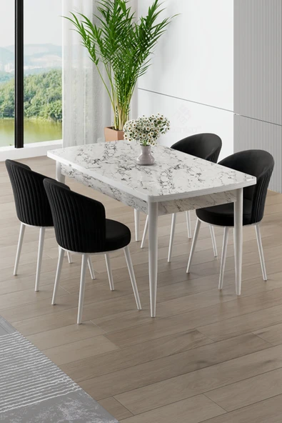 Canisa Asfel Serisi MDF 77x130 Beyaz Mermer Desen Yandan Açılabilir Mutfak Masa Takımı 4 Siyah Sandalye ürün görseli 1