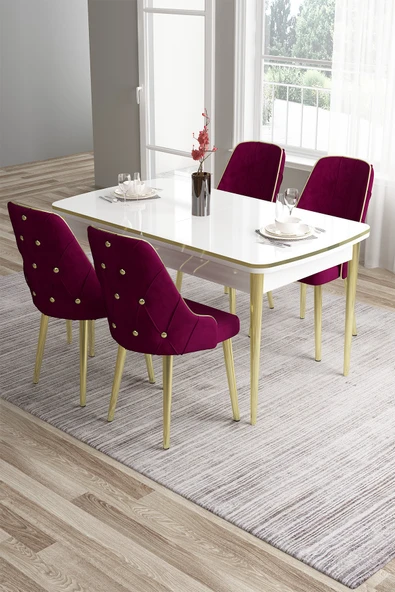 Canisa Tia Serisi 80x132 Açılabilir Mdf Gold Detay Beyaz Masa Takımı Ve 4 Mürdüm Sandalye ürün görseli 1