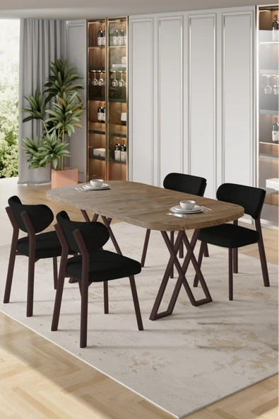 Canisa Axton Serisi Sabit Mdf 90x168 Atlantik Çam Mutfak Masa Takımı 4 Siyah Sandalye ürün görseli 1