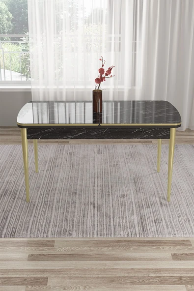 Canisa Tia Serisi,siyah Mermer Desen 80x132 Mdf Açılabilir Mutfak Masası Gold Ayaklar ürün görseli 1