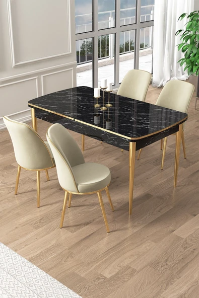 Canisa Pale Serisi 80x132 Açılabilir Siyah Mermer Desen Mutfak Masa Takımı 4 Krem Sandalye Gold Detay ürün görseli 1