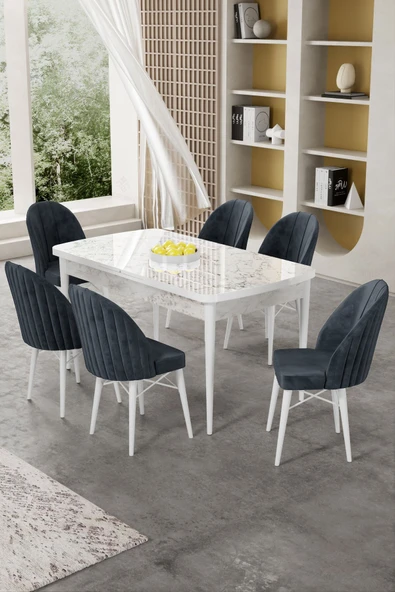 Canisa Gale Serisi 80x132 Açılabilir Lak Panel Beyaz Mermer Desen Mutfak Masa Takımı 6 Antrasit Sandalye ürün görseli 1