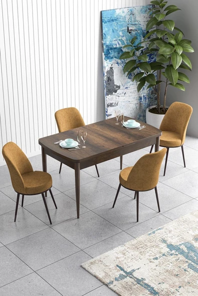 Canisa Han Serisi, Barok Ahşap Desen 70x114 Açılabilir Mdf Yemek Masası Takımı, 4 Cappucino Sandalye ürün görseli 1