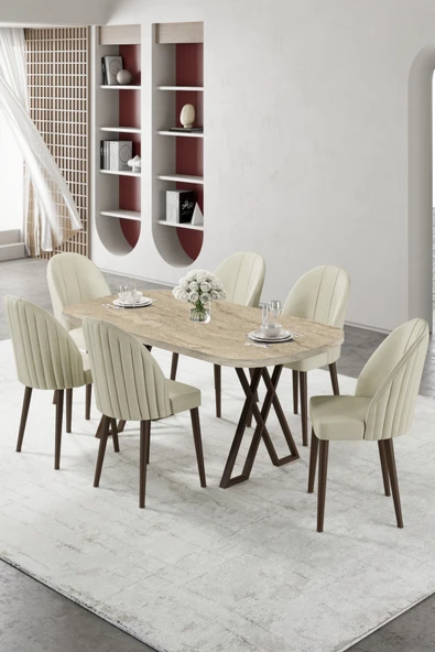 Canisa Kaye Serisi Mdf 90x168 Traverten Mutfak Masası Takımı 6 Krem Sandalye ürün görseli 1