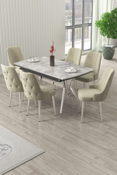 Canisa Nis Serisi 89x150 Açılabilir Lak Panel Rampla Gri Krom Ayak Masa Takımı ve 6 Krem Sandalye ürün görseli 1