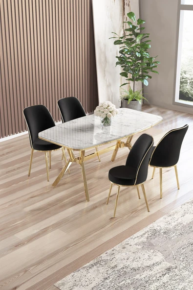 Canisa Lena Serisi 90x160 Lak Panel Beyaz Mermer Desen Gold Kaplama Ayaklı Masa Takımı ve 4 Siyah Sandalye ürün görseli 1