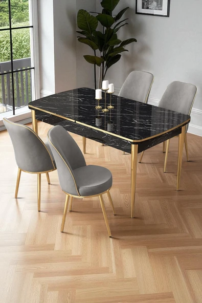 Canisa Nira Serisi 70x114 Mdf Siyah Mermer Desen Mutfak Masa Takımı 4 Gri Sandalye Gold Detay ürün görseli 1