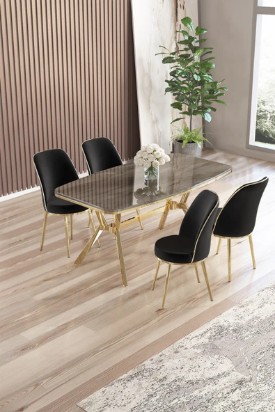 Canisa Lena Serisi 90x160 Lak Panel Antrasit İroni Gold Kaplama Ayaklı Masa Takımı ve 4 Siyah Sandalye ürün görseli 1