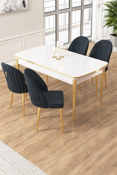 Canisa Edaf Serisi 80x132 Açılabilir Beyaz Mutfak Masa Takımı 4 Antrasit Sandalye Gold Detay ürün görseli 1
