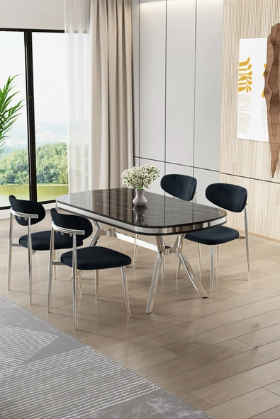 Canisa Olya Serisi 90x168 Lak Panel Sonata Masa Takımı Krom Ayaklı 4 Antrasit Sandalye ürün görseli 1