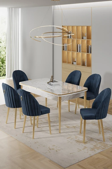 Canisa Rada Serisi 80x132 Açılabilir Lak Panel Beyaz Mermer Desen Masa 6 Antrasit Sandalye Gold Detay ürün görseli 1