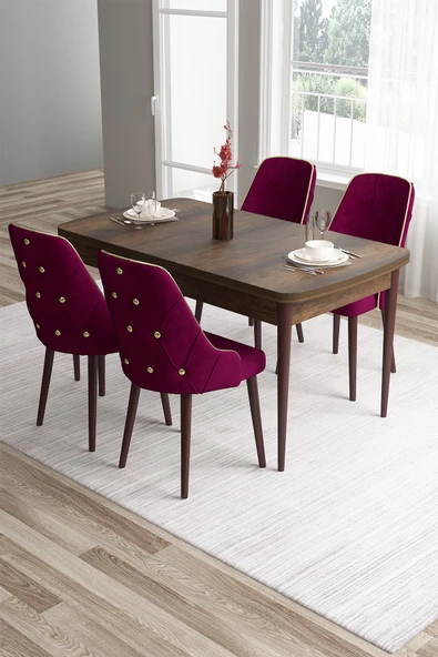 Canisa Tia Serisi, Barok Ahşap Desen 80x132 Açılabilir Mdf Mutfak Masası 4 Mürdüm Sandalye Gold Detay ürün görseli 1