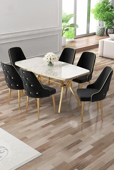 Canisa Asel Serisi 90x160 Lak Panel Beyaz Mermer Desen Gold Kaplama Ayaklı Masa Takımı ve 6 Siyah Sandalye ürün görseli 1