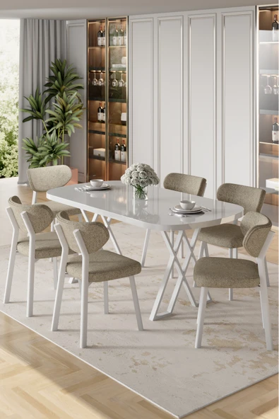 Canisa Axton Serisi Sabit Mdf 90x168 Beyaz Mutfak Masa Takımı 6 Cappucino Sandalye ürün görseli 1